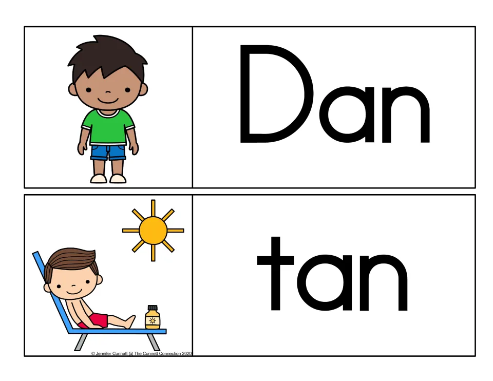 Short a -an word cards: Dan beside a boy in a green shirt and tan beside a boy sunbathing, for reading CVC words