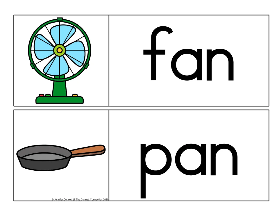 -an word cards for fan and pan, each word in large black print next to a picture of an electric fan or a frying pan