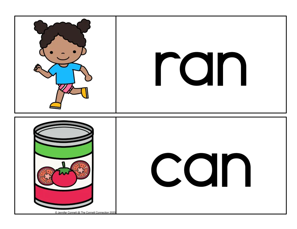 Rhyming -an words ran and can shown with a girl running and a tomato can, for matching pictures to printed words