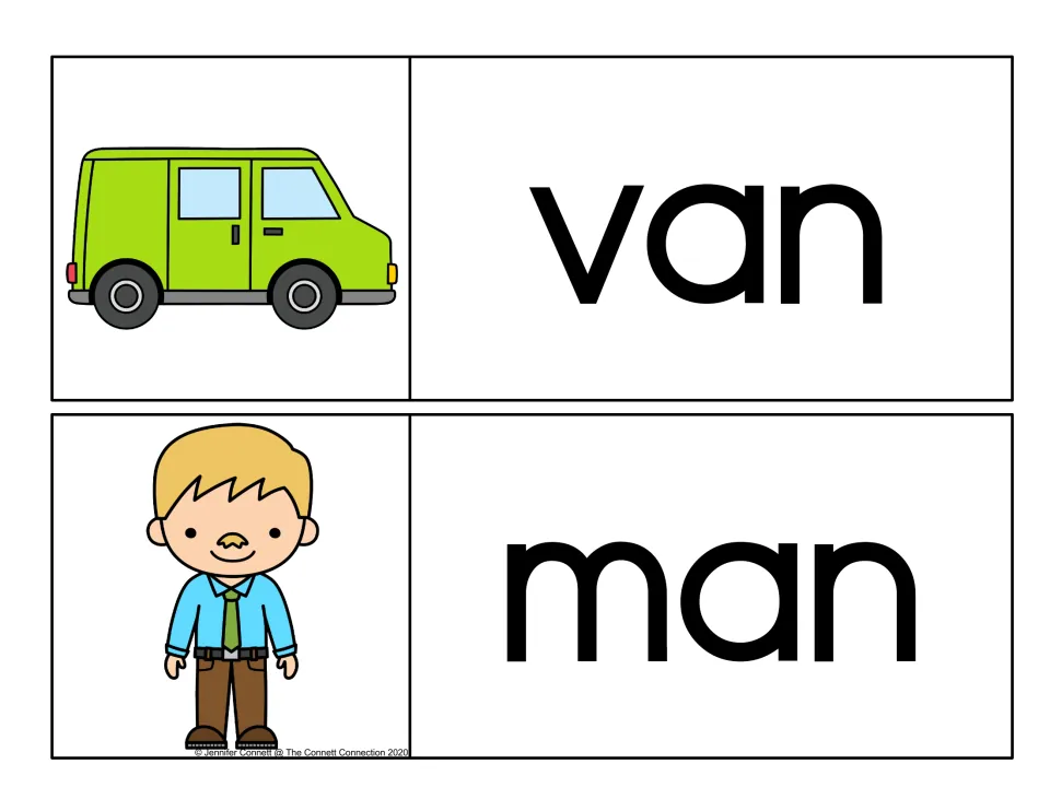 Word family cards for van and man: a green van and a man in a shirt and tie beside each word, for blending CVC words