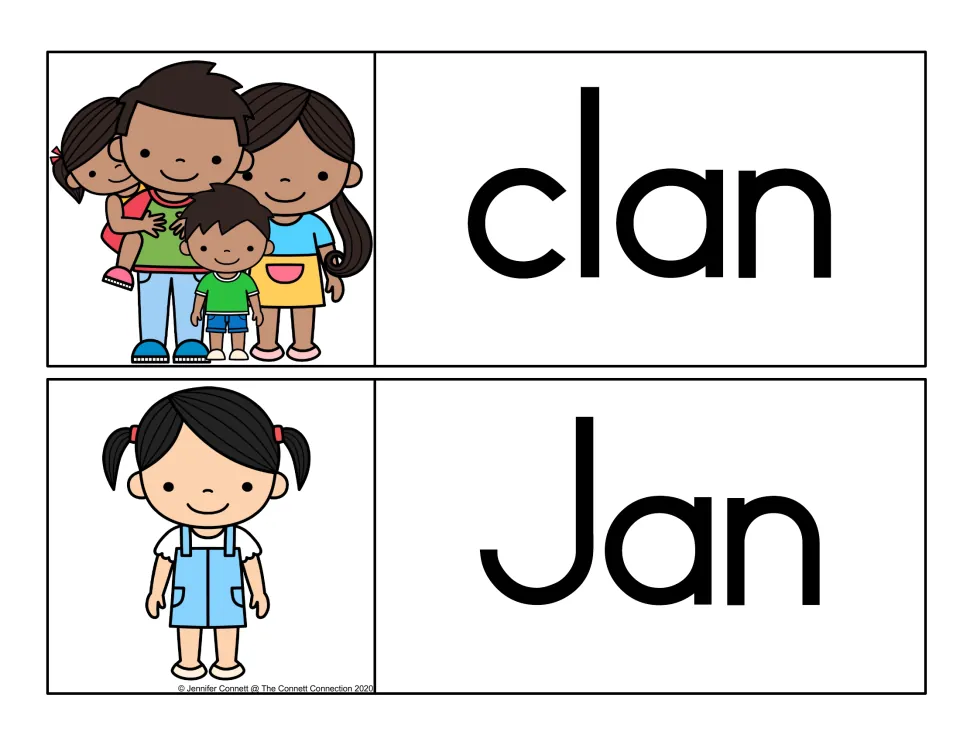 -an words clan and Jan: a family group and a girl in overalls illustrate each word card, for reading the an rime