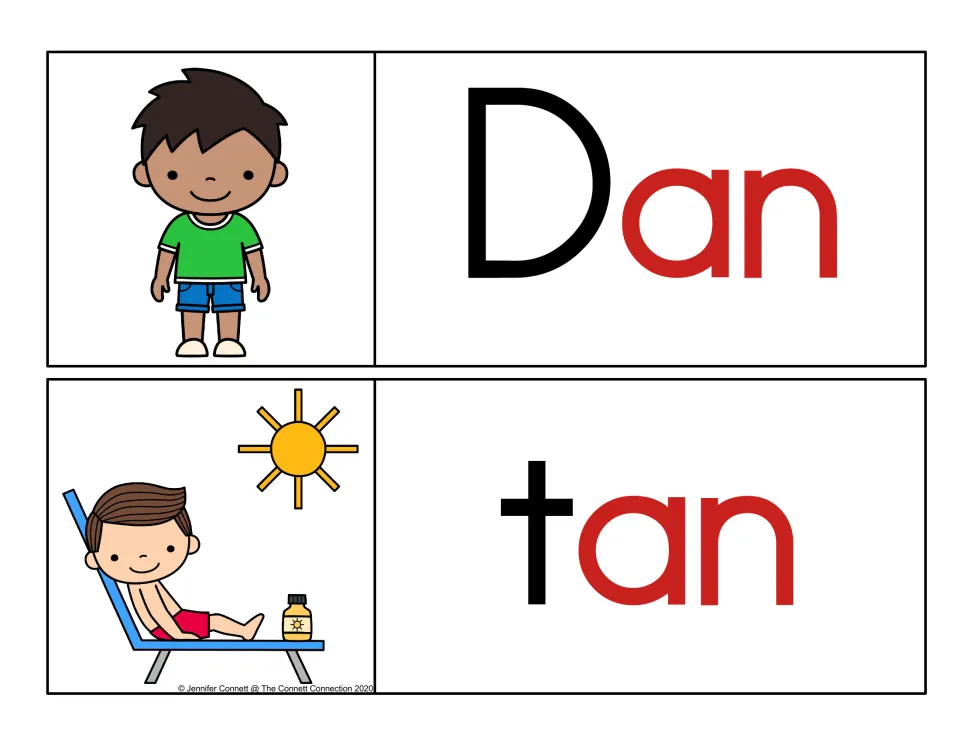 Highlighted -an rime: Dan and tan cards with the an ending in red and the first letter in black, for onset-rime practice