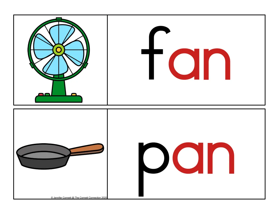 Color-coded fan and pan cards: the -an ending printed in red after a black onset, for spotting the shared word part