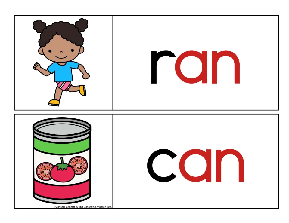 Red -an ending on ran and can beside a running girl and a tomato can, for swapping the first sound to make new words