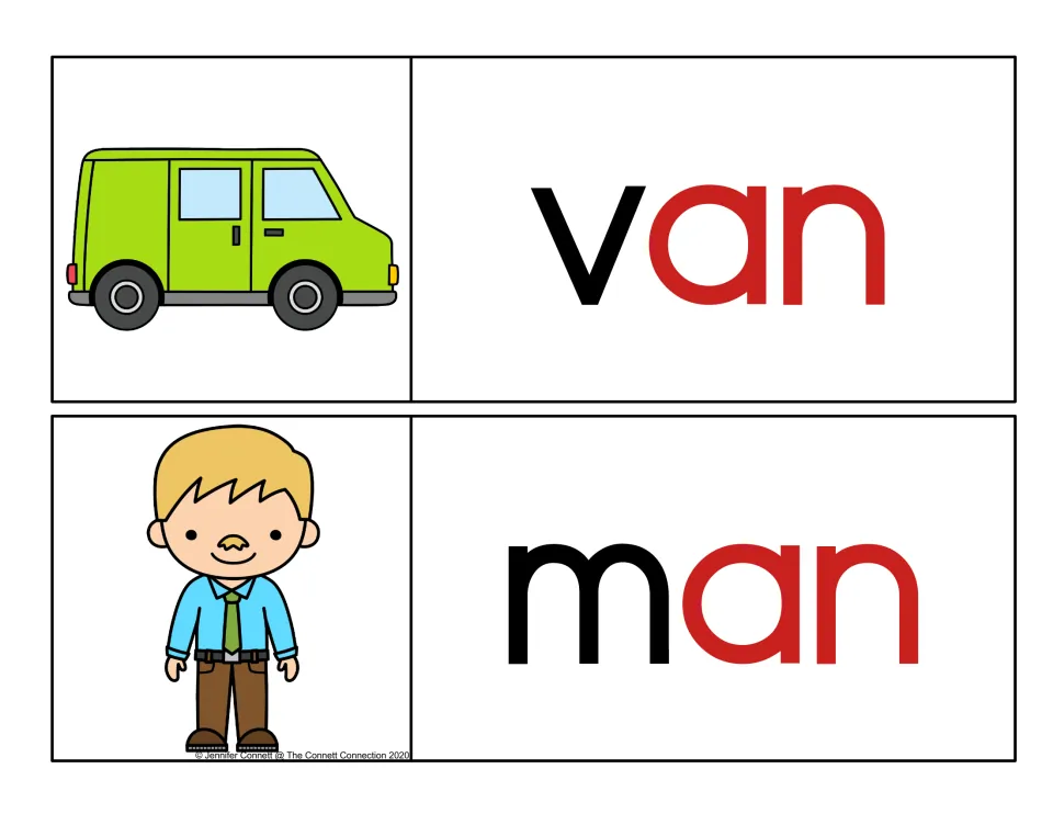 van and man cards with the red -an rime after the black v and m, pictured with a green van and a man, for word building