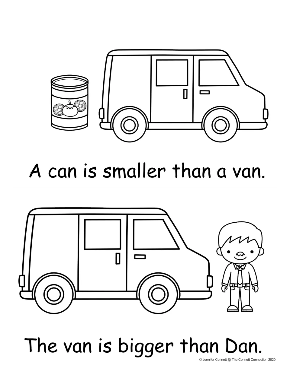 Size comparison with -an words: students read "A can is smaller than a van" and "The van is bigger than Dan"