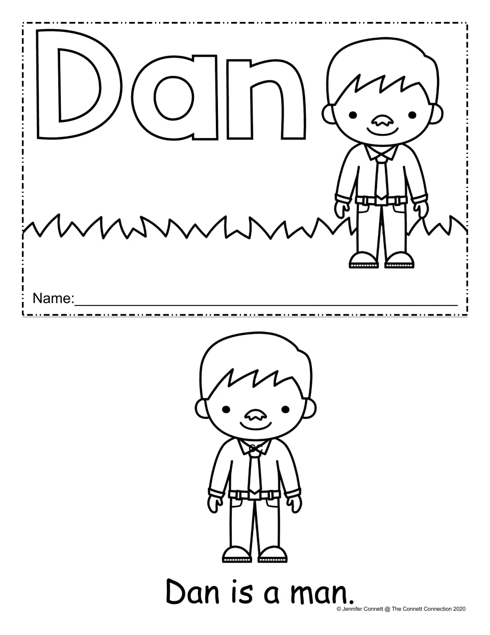 Dan mini-book cover with a name line and a boy to color, plus page one: students read the -an sentence "Dan is a man."