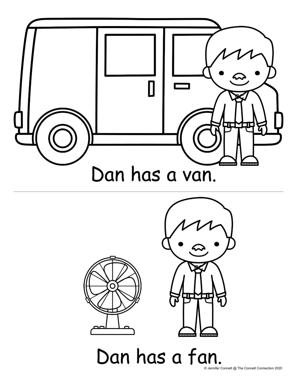 Short a -an word family pages: students read "Dan has a van." and "Dan has a fan." and color Dan beside a van and a fan
