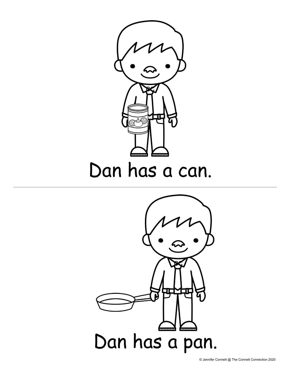 Short a -an word family pages: students read "Dan has a can." and "Dan has a pan." and color Dan holding a can, then a pan
