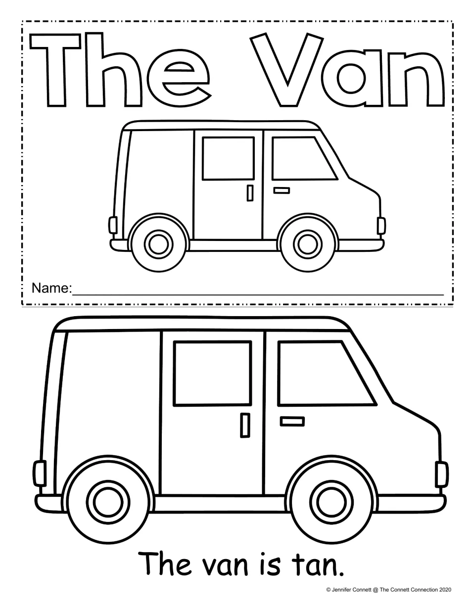 The Van mini book cover with name line and van to color, plus first page reading "The van is tan." for -an word practice