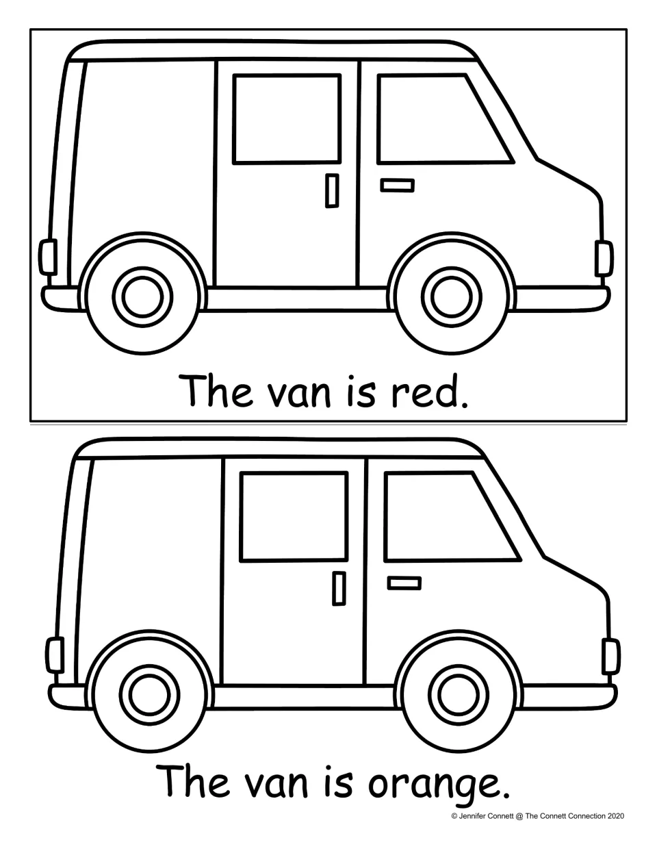 Color word pages: students read "The van is red." and "The van is orange." and color each outlined van to match