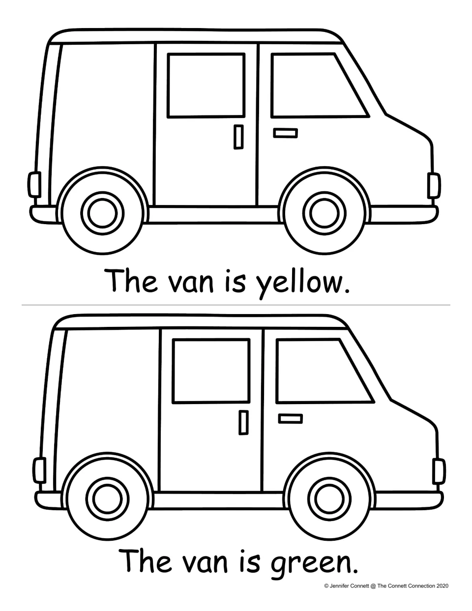 Reading color words: two vans to color with sentences "The van is yellow." and "The van is green." for repeated reading