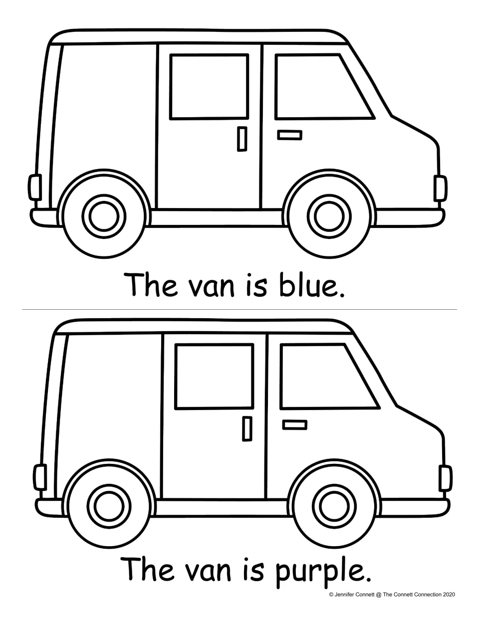 Final book pages: students read "The van is blue." and "The van is purple." and color each van the named color