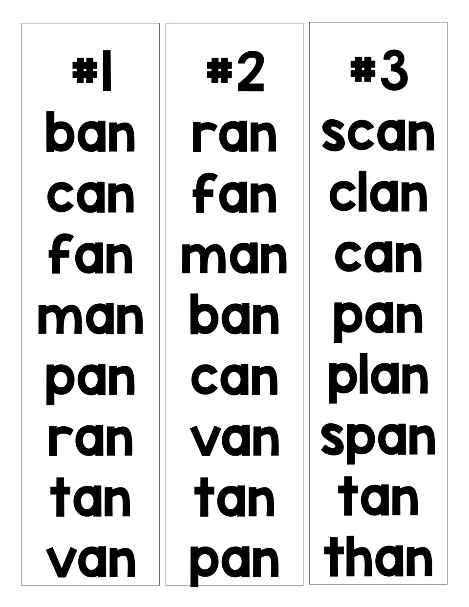 AN word lists #1 to #3: students read ban, fan, van and harder words such as scan, clan, plan, span and than