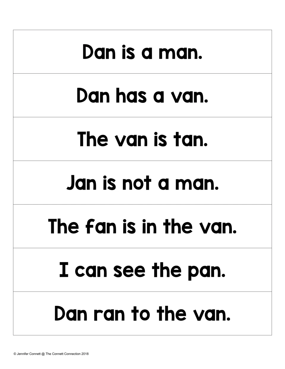 AN word sentence strips: students read seven sentences such as Dan has a van, The van is tan and Dan ran to the van