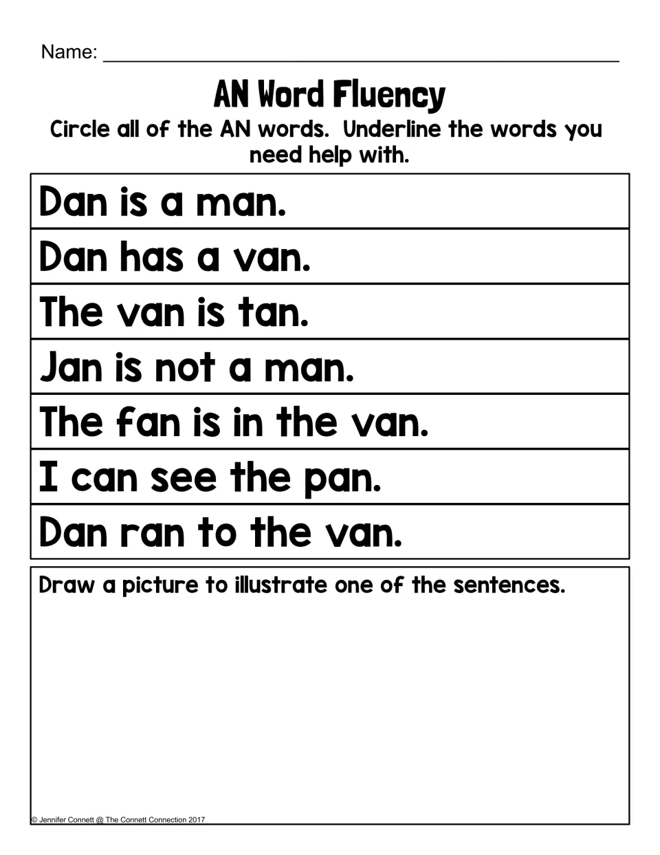 AN Word Fluency: students circle all the AN words in seven sentences, underline tricky words, then draw one sentence