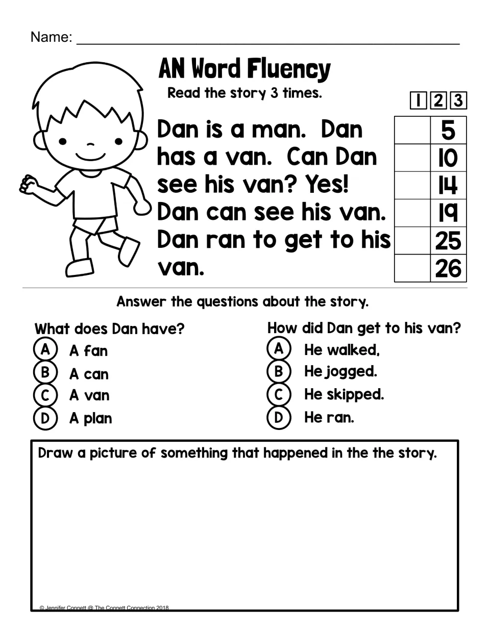 AN word story about Dan's van: students read it 3 times, answer two multiple-choice questions and draw a story event