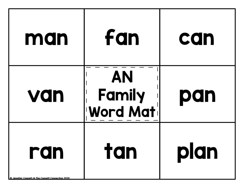 AN family word mat: students match picture cards to eight -an words: man, fan, can, van, pan, ran, tan and plan