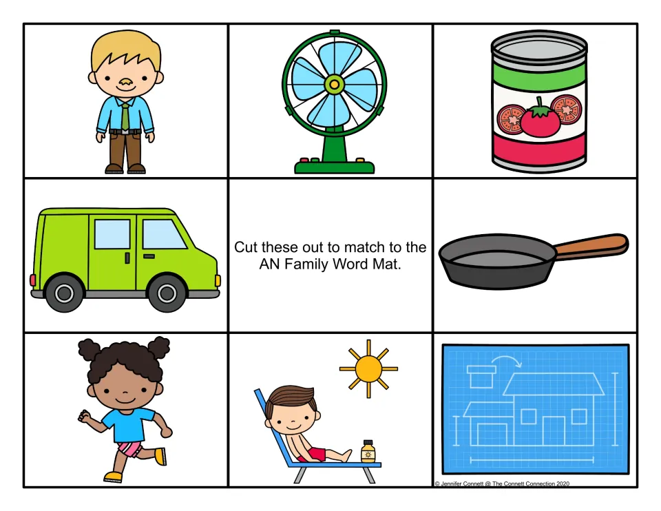 AN family picture cards in color: students cut out a man, fan, can, van, pan, runner, sunbather and blueprint to match
