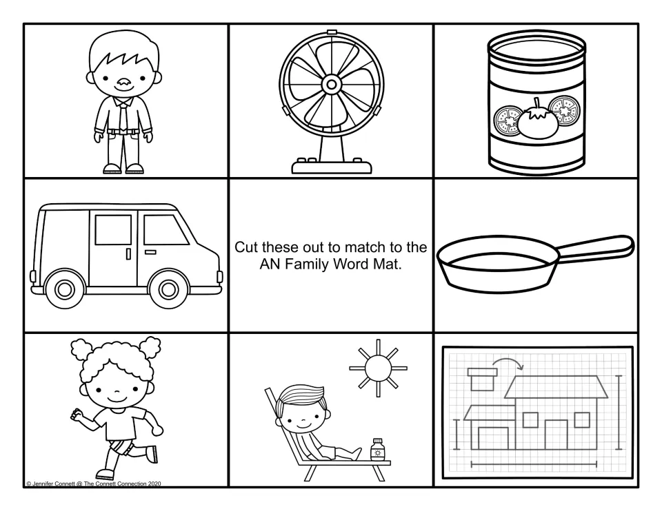 Black-and-white AN family picture cards: cut out a man, fan, tomato can, van, pan, runner, sunbather and plan to match