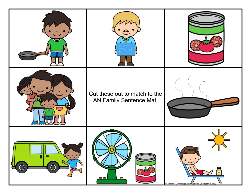 Color sentence picture cards: students cut out scenes like a boy with a pan, a family clan and a girl running to a van