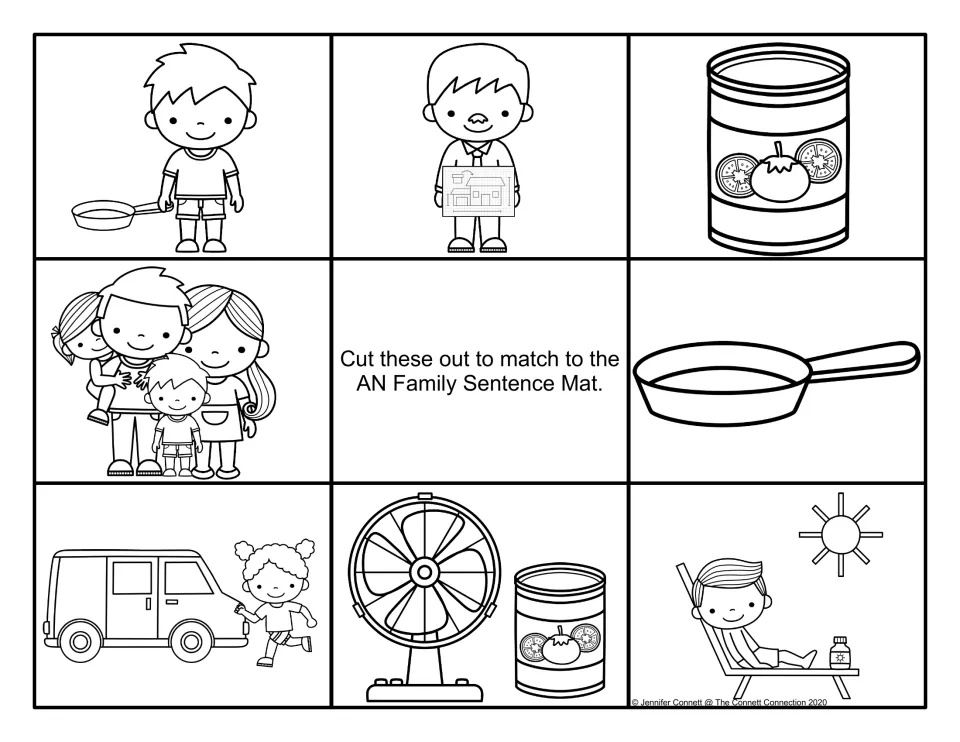 Black-and-white sentence picture cards to cut out: a hot pan, a man with a plan, a fan beside a can and a boy with a tan