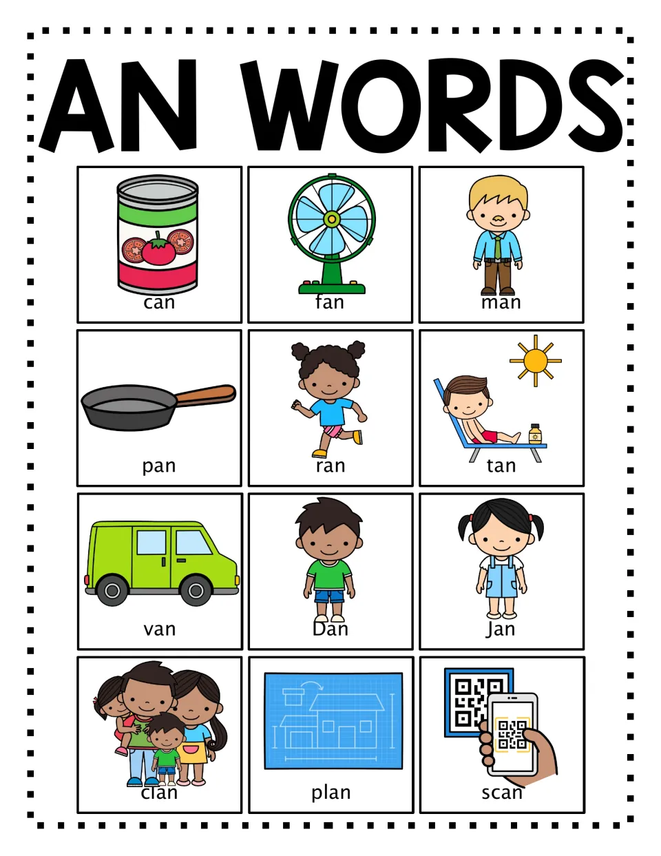 Color AN word poster with 12 labeled pictures: can, fan, man, pan, ran, tan, van, Dan, Jan, clan, plan, scan