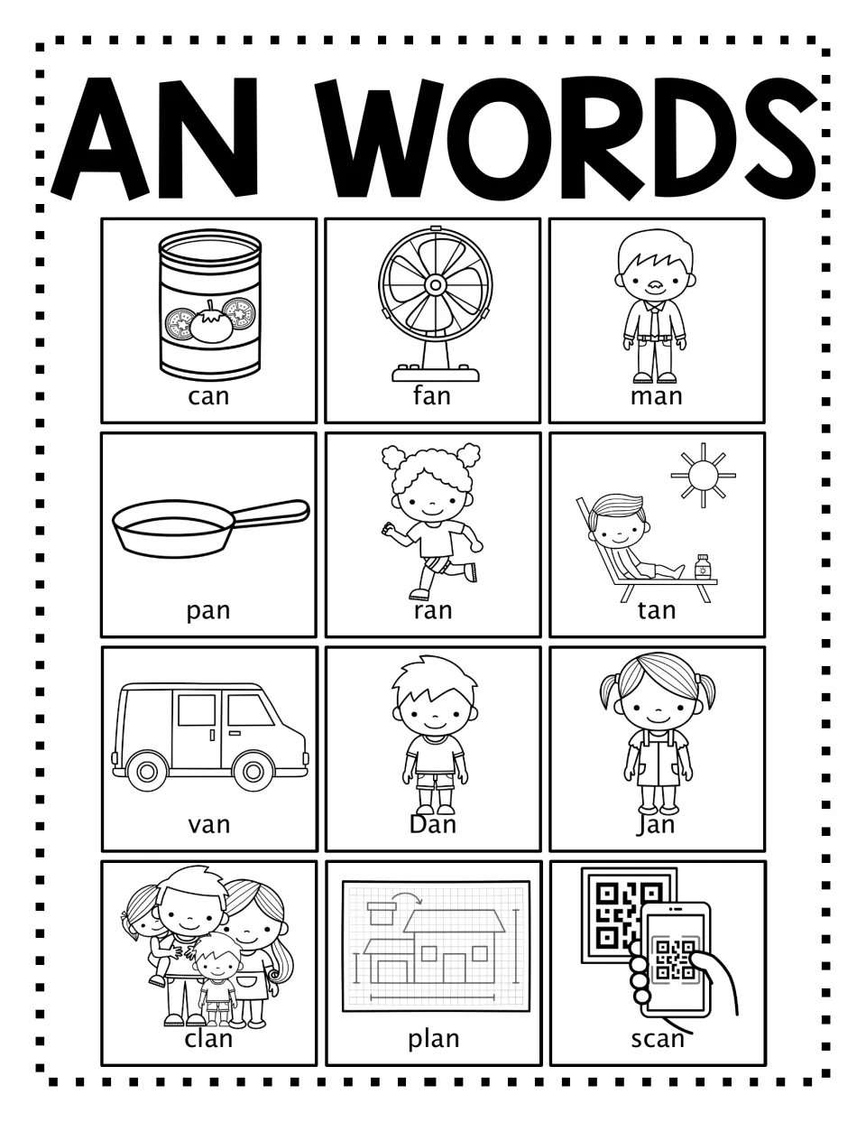 Black-and-white AN poster with 12 pictures: can, fan, man, pan, ran, tan, van, Dan, Jan, clan, plan, scan