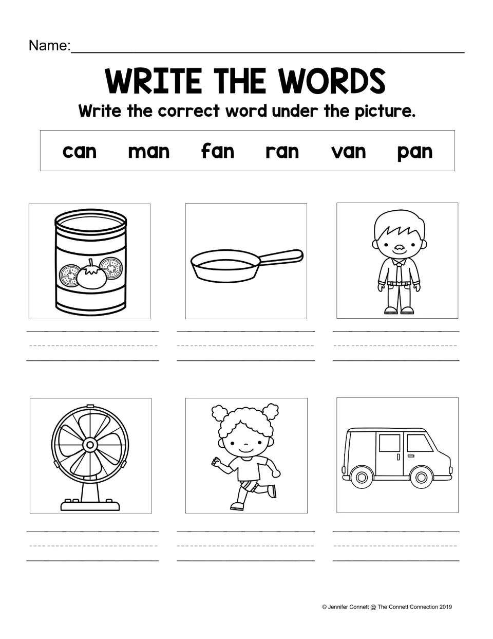 AN word writing practice: match can, man, fan, ran, van, and pan from the word bank to six pictures.