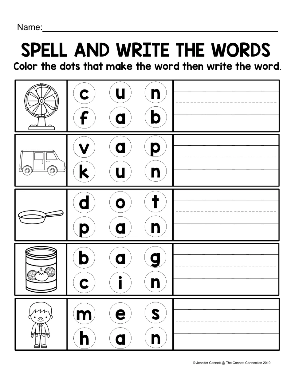 AN spelling practice: color the letter dots to spell fan, van, pan, can, and man, then write each word.