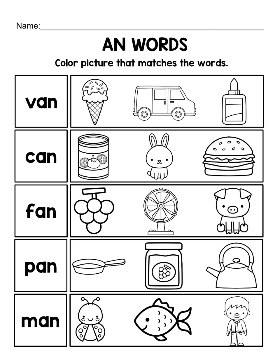 AN reading practice: read van, can, fan, pan, and man, then color the matching picture for each word.