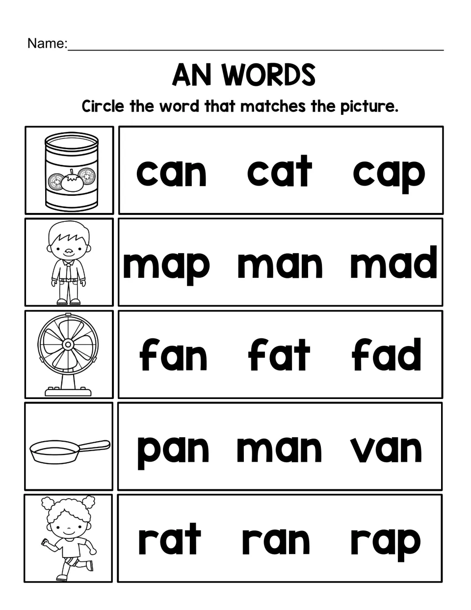 AN word recognition: circle can, man, fan, pan, and ran to match five pictures, choosing from three words.