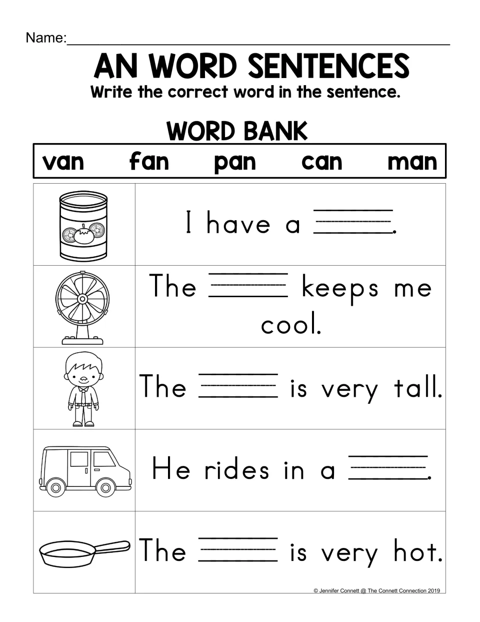 AN sentence practice: use pictures and a word bank to fill five blanks with can, fan, man, van, and pan.