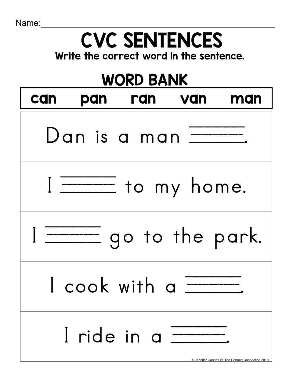 CVC sentence completion: choose from can, pan, ran, van, and man to fill blanks in five sentence prompts.