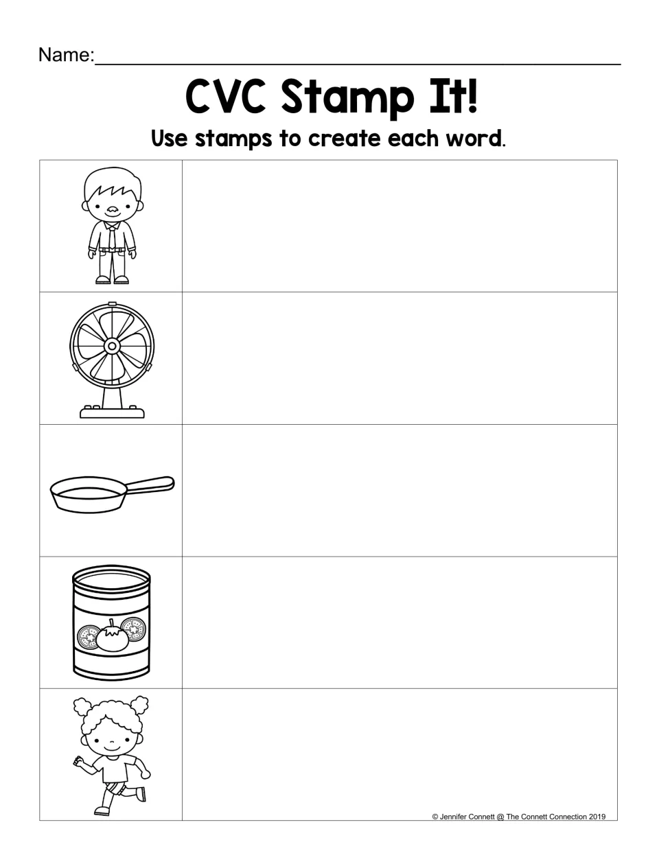 AN word stamping practice: use letter stamps to spell man, fan, pan, can, and ran from picture clues.