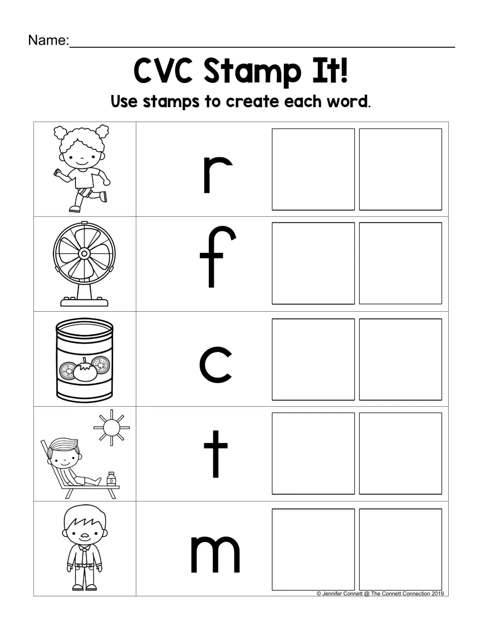 AN word stamping practice: add missing letters after r, f, c, t, and m to make ran, fan, can, tan, and man.