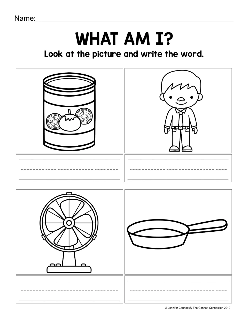AN picture naming practice: identify a can, man, fan, and pan, then write each word beneath its picture.