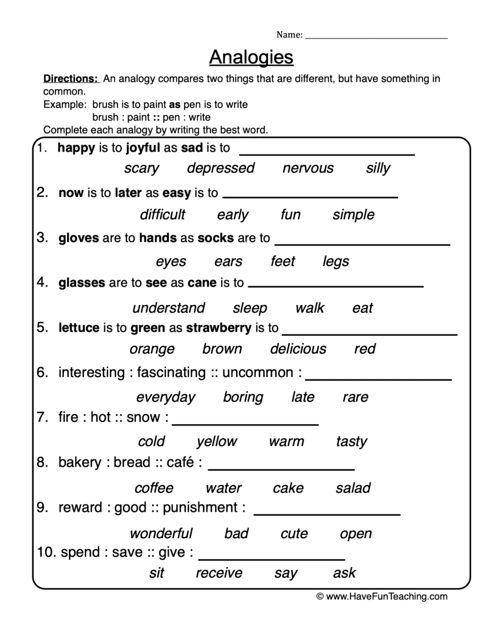 Analogy practice sheet: 10 multiple-choice items, including happy : joyful, gloves : hands, and fire : hot