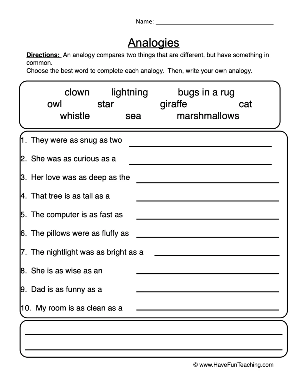 Analogy practice: 10 comparisons to complete using words such as cat, sea, owl, and lightning, plus your own.