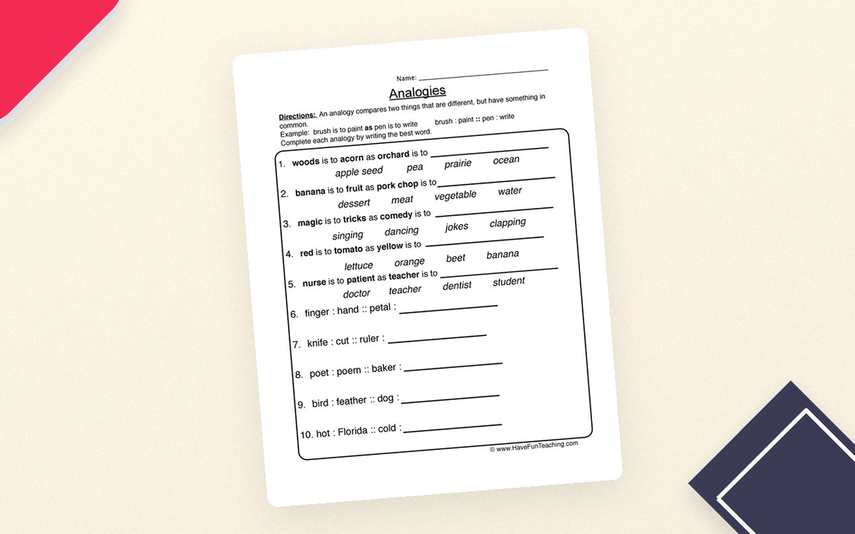 Analogies Worksheet preview: Analogy definition and symbolic model