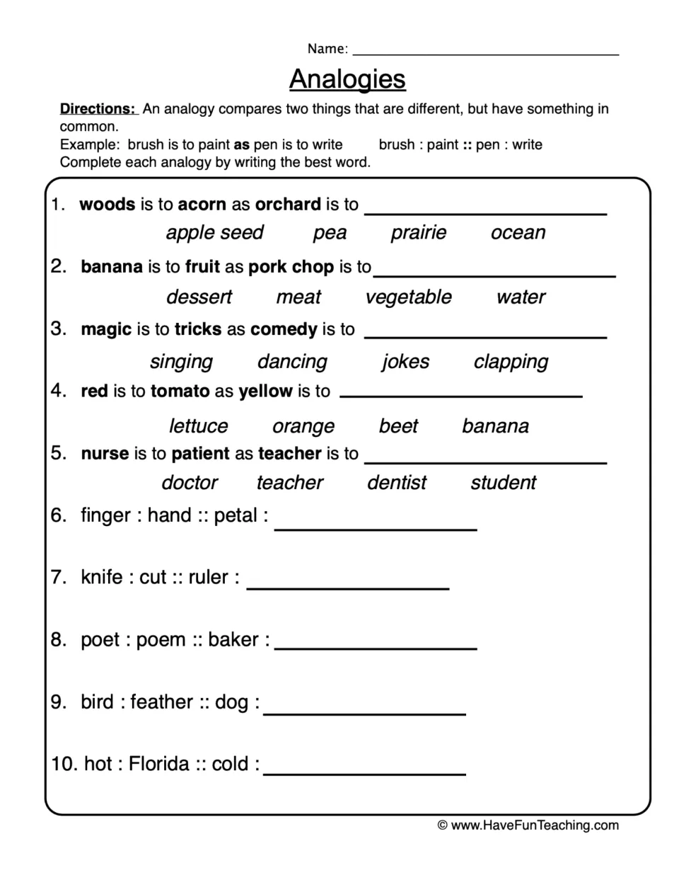 Word analogies: students choose from four words to finish 5 analogies, then complete 5 more written as knife : cut :: ruler