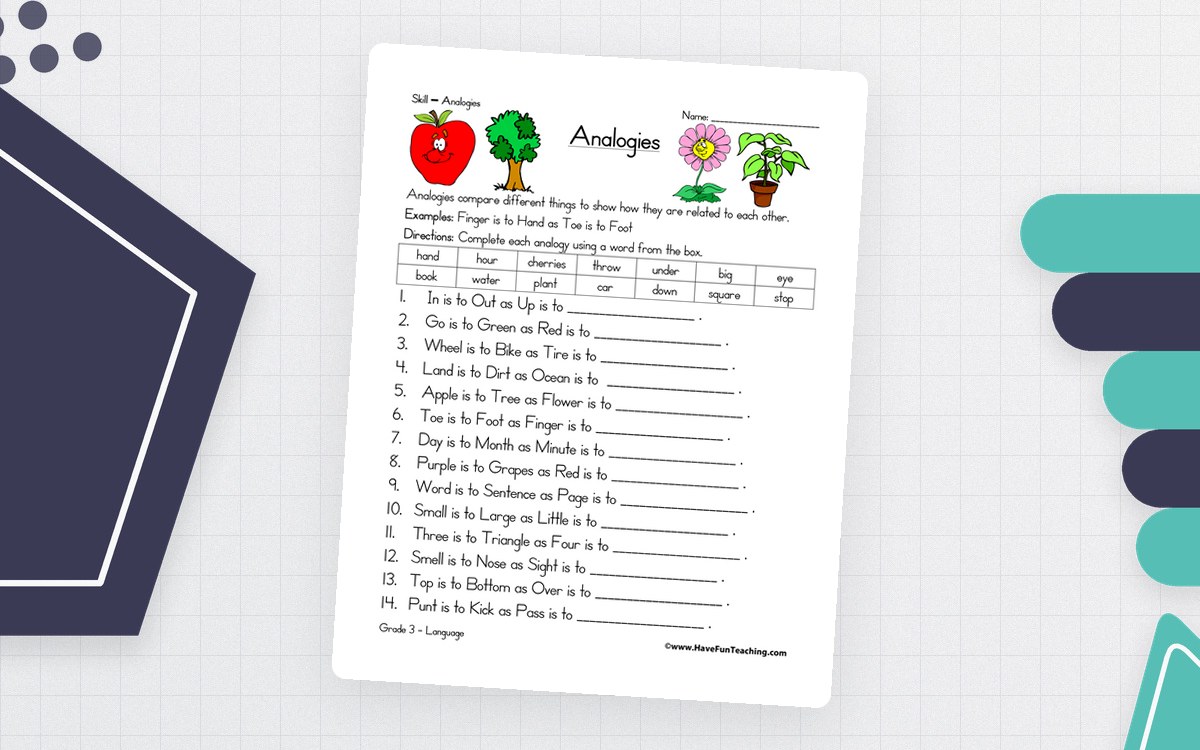 Analogy worksheet showing apple-tree and flower-vase examples above fourteen fill-in-the-blank items