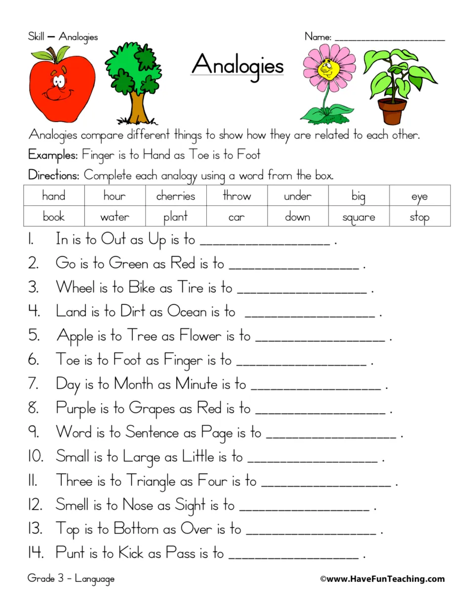 Analogies practice: students complete 14 analogies such as Wheel is to Bike as Tire is to ___ using a 14-word bank