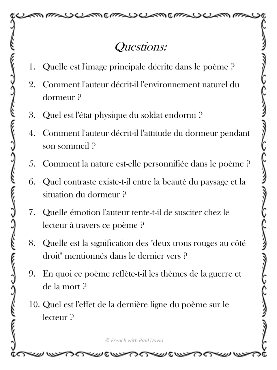 Questions in French on the poem: students answer 10 items on its imagery, personified nature, contrast and war themes