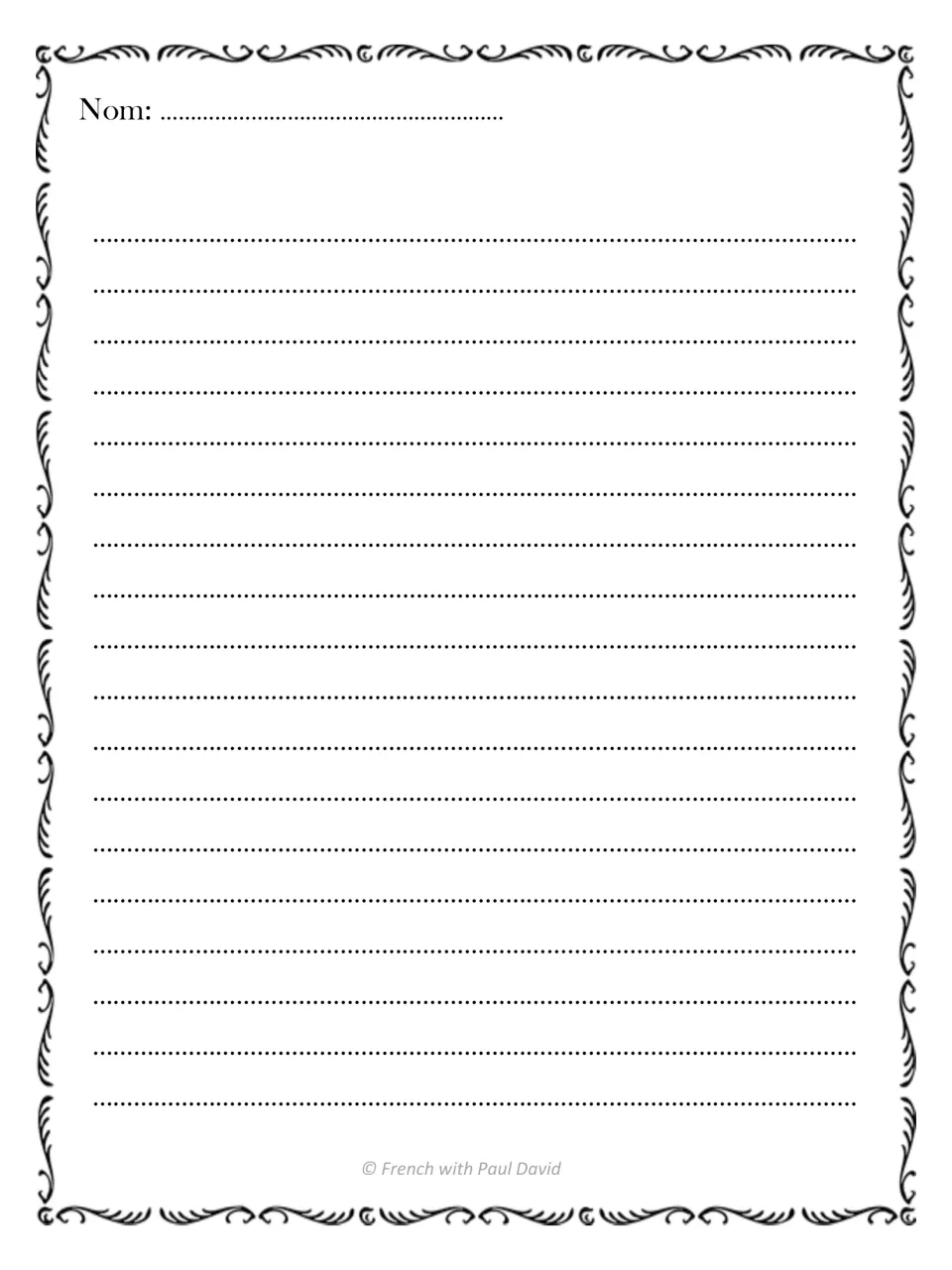Blank student response sheet headed Nom: where students write their French answers to the poem analysis questions
