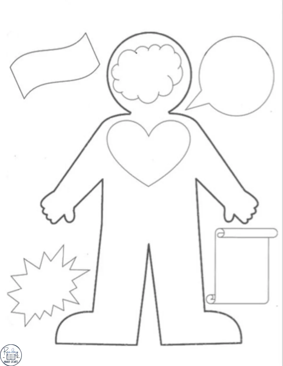Blank character organizer: students fill the head cloud, speech bubble, heart, starburst and scroll with character notes