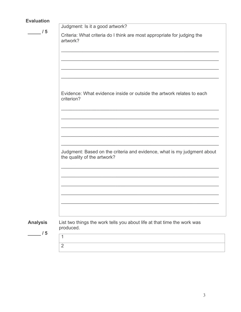 Artwork evaluation: students choose criteria, cite evidence, judge its quality, list two things it reveals about its time