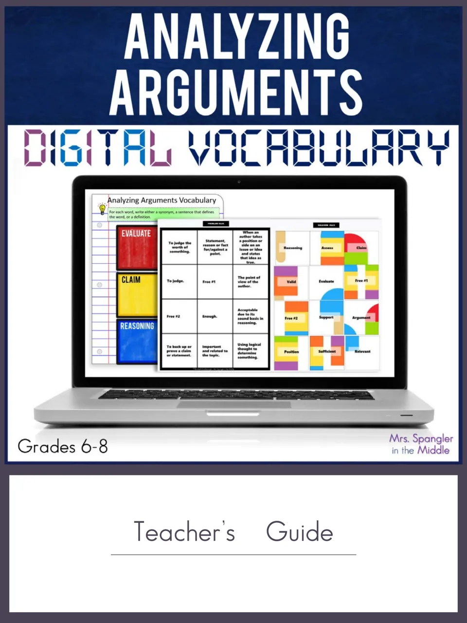 Analyzing Arguments Digital Vocabulary teacher's guide cover, grades 6-8, with organizer and puzzle slides on a laptop