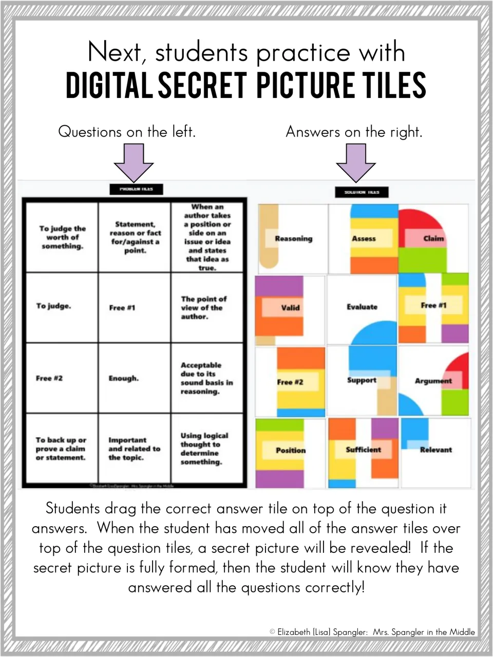 Secret picture tiles: students drag word tiles like claim and reasoning onto definitions to reveal a hidden picture