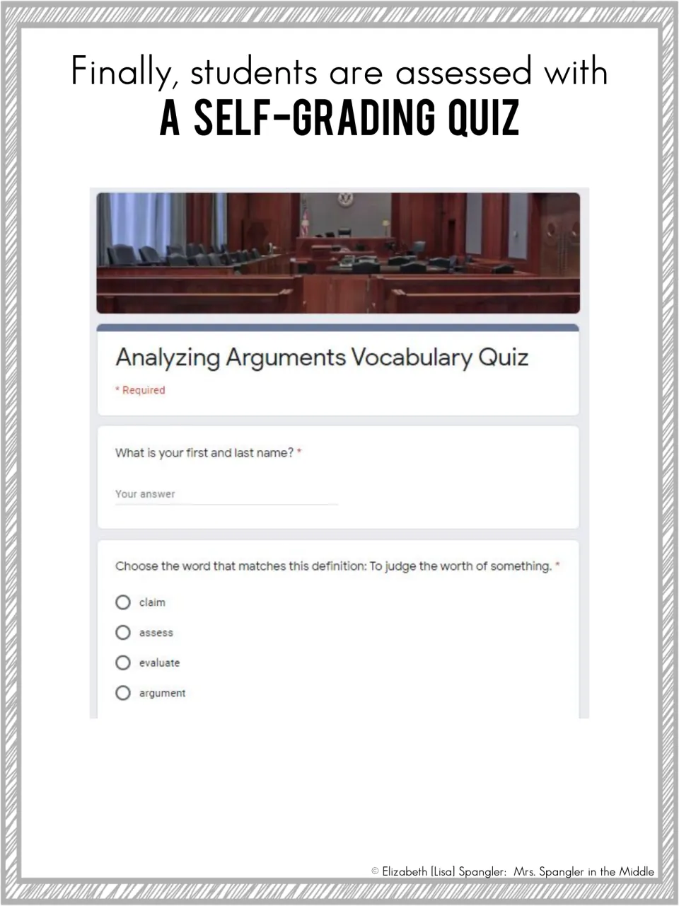 Self-grading quiz preview: a Google Form asks students to choose the word that matches 'to judge the worth of something'